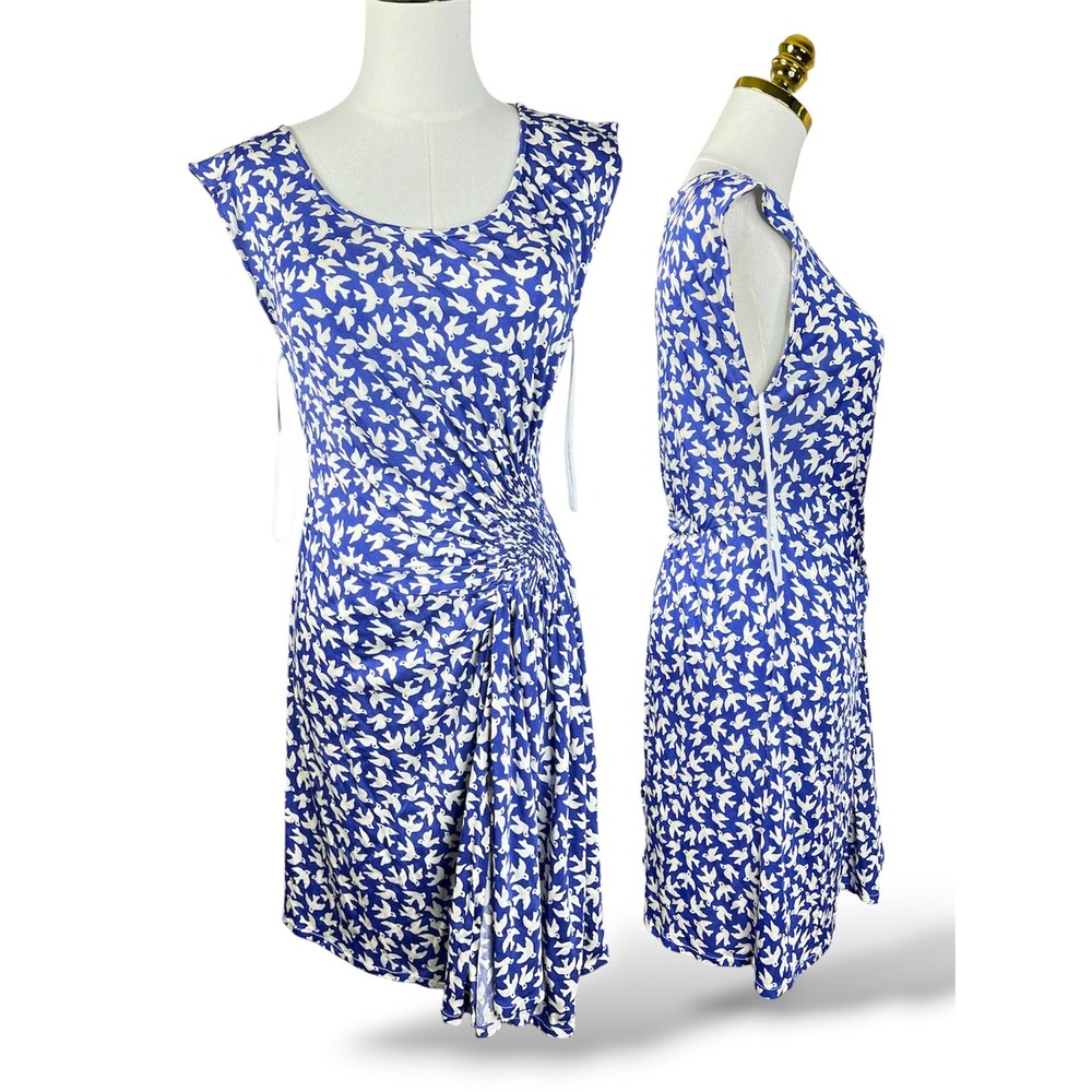 Anthropologie Leifnotes Blue White Bird Print Ruched Sheath Dress XS A5